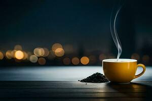 un taza de café en un de madera mesa con un paisaje urbano en el antecedentes. generado por ai foto