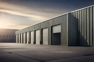 a large industrial building with two garage doors. AI-Generated photo