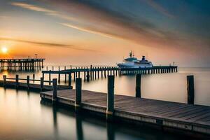 a boat docked at the pier at sunset. AI-Generated photo