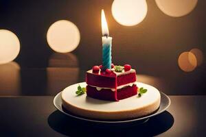 a red cake with a candle on top. AI-Generated photo