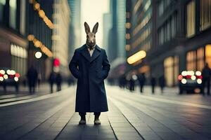 a rabbit wearing a coat and standing in the middle of a city street. AI-Generated photo