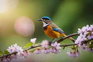 a bird sitting on a branch with flowers. AI-Generated photo