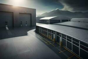 an industrial warehouse with a large building in the background. AI-Generated photo