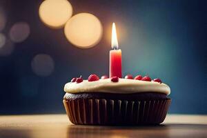 a cupcake with a single candle on top. AI-Generated photo