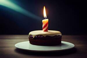 a small chocolate cake with a single candle on top. AI-Generated photo