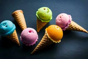 five ice cream cones with different colors. AI-Generated photo
