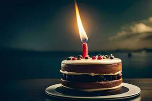 a birthday cake with a lit candle on top. AI-Generated photo