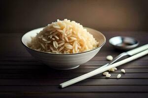 a bowl of rice with chopsticks and a spoon. AI-Generated photo