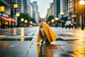 un gato vistiendo un amarillo capa en un ciudad calle. generado por ai foto