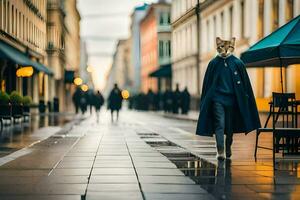a cat in a coat walking down a street. AI-Generated photo