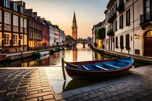 a boat sits on the side of a canal in a city. AI-Generated photo