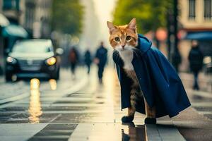 a cat wearing a blue coat and standing on a street. AI-Generated photo