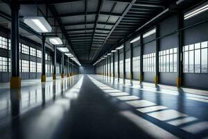 an empty warehouse with windows and light shining on it. AI-Generated photo