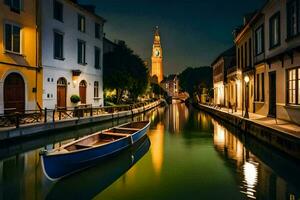 a boat is on the water in a canal at night. AI-Generated photo