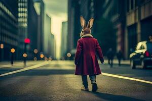a rabbit wearing a red coat walking down the street. AI-Generated photo