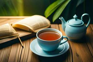 a cup of tea and a book on a wooden table. AI-Generated photo