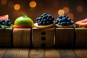 fruit on wooden blocks with lights in the background. AI-Generated photo