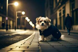 a dog in a coat sitting on the street at night. AI-Generated photo