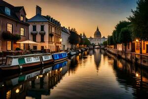 a canal with boats in front of buildings at sunset. AI-Generated photo