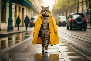 a cat in a yellow raincoat walking down a street. AI-Generated photo