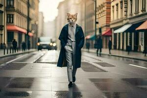 a cat wearing a mask walks down a street. AI-Generated photo