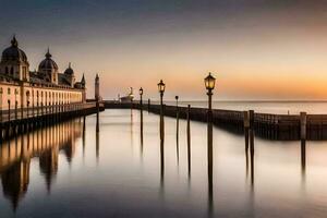 a long pier with a church and a lighthouse at sunset. AI-Generated photo