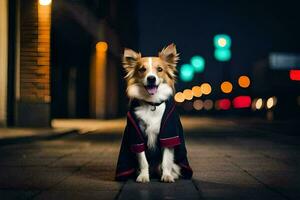 un perro vistiendo un capa en el calle a noche. generado por ai foto