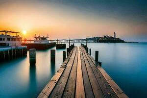 a wooden dock in the water at sunset. AI-Generated photo