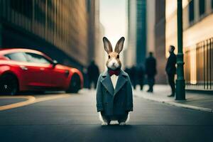a rabbit wearing a suit and tie standing on the street. AI-Generated photo