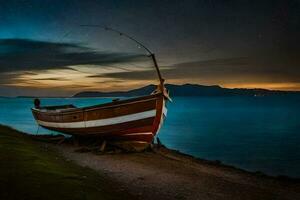 a boat sits on the shore at night. AI-Generated photo