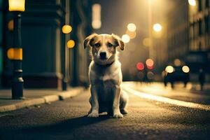 un perro sentado en el calle a noche. generado por ai foto