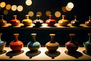 a row of colorful vases on a shelf. AI-Generated photo