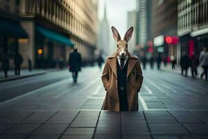 un Conejo vistiendo un traje y Corbata en pie en el medio de un ciudad calle. generado por ai foto
