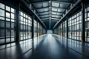 an empty warehouse with large windows and a long hallway. AI-Generated photo