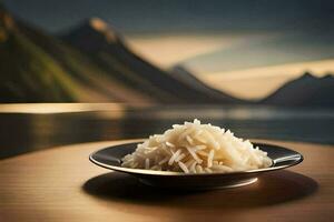 a plate of rice on a table in front of a mountain. AI-Generated photo
