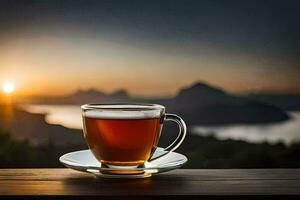a cup of tea on a wooden table in front of a beautiful sunset. AI-Generated photo