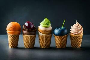 five different ice cream flavors in cones. AI-Generated photo