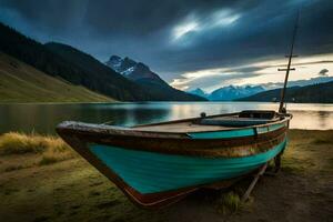 a boat sits on the shore of a lake. AI-Generated photo