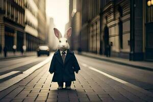 a rabbit dressed in a suit and tie walking down a city street. AI-Generated photo