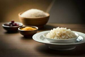 a bowl of rice and two bowls of rice on a table. AI-Generated photo