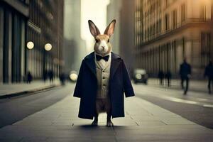 a rabbit dressed in a suit and tie standing on a city street. AI-Generated photo