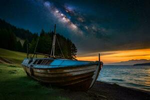 un barco se sienta en el apuntalar de un lago debajo un estrellado cielo. generado por ai foto