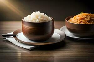 two bowls of rice and noodles sit on a table. AI-Generated photo