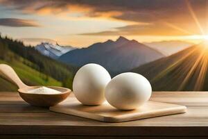 two eggs on a wooden table with a bowl of flour and a wooden spoon. AI-Generated photo
