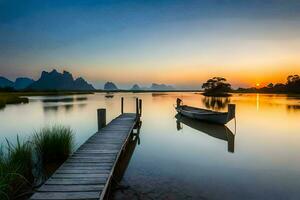 a boat is docked at the end of a dock at sunset. AI-Generated photo