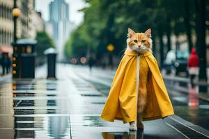 un gato vistiendo un amarillo impermeable en un lluvioso día. generado por ai foto