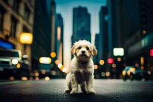 a small white dog is standing in the middle of a city street. AI-Generated photo