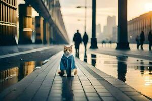 un gato en un azul camisa en pie en un calle. generado por ai foto