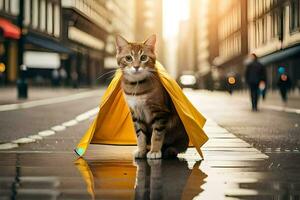 a cat is standing in the rain with a yellow umbrella. AI-Generated photo
