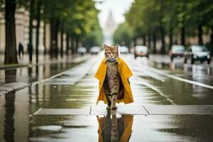 a cat in a yellow raincoat walking down a street. AI-Generated photo